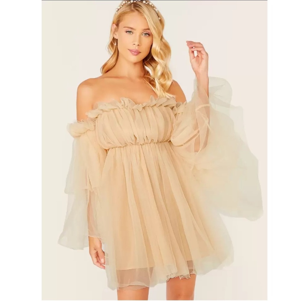 Whimsical Romantic Fairy Mini Dress Women XS Peach Mesh Tulle Party Off Shoulder
